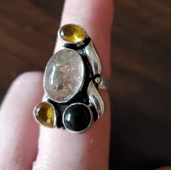 New Rutile Quartz, Citrine, Black Onyx 925 Silver Ring. - Picture 7 of 10